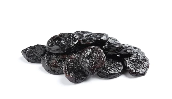 Heap Tasty Prunes White Background Dried Fruit Healthy Snack — Stock Photo, Image