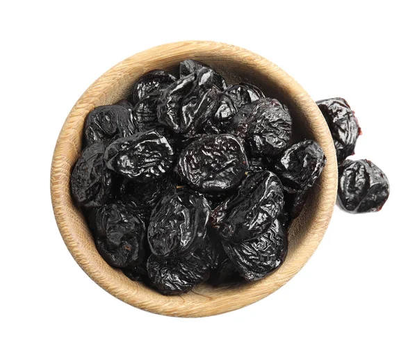 Bowl Tasty Prunes White Background Top View Dried Fruit Healthy — Stock Photo, Image