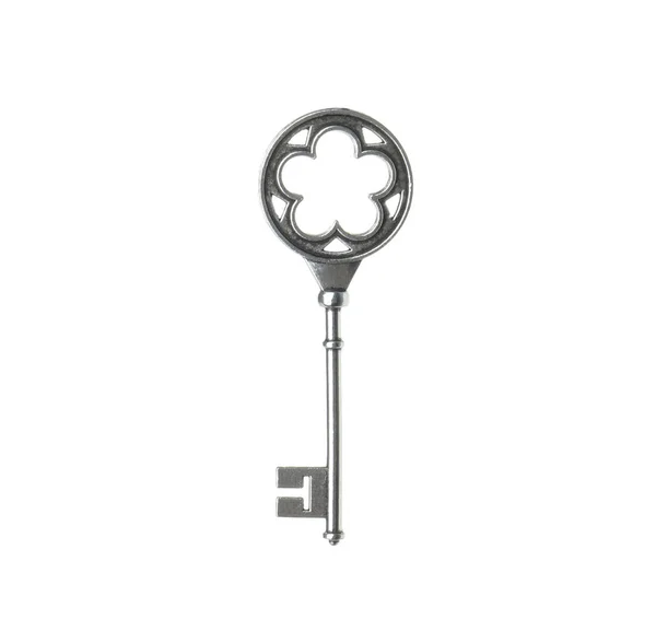 Steel Vintage Ornate Key White Background — Stock Photo, Image