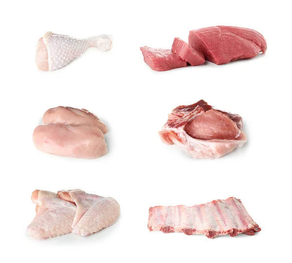 Set Van Verschillende Vers Rauw Vlees Witte Achtergrond — Stockfoto