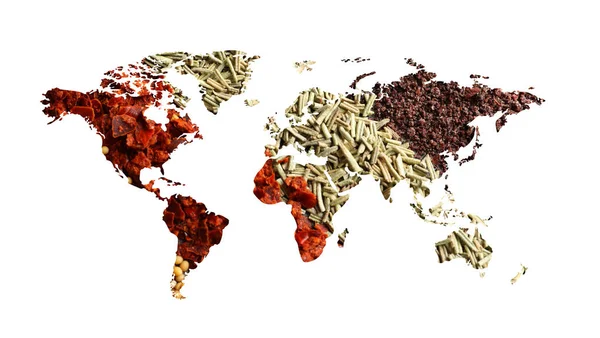 Mapa Mundo Diferentes Especiarias Aromáticas Sobre Fundo Branco Coleção Criativa — Fotografia de Stock