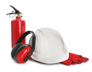 Protective workwear and fire extinguisher on white background. Safety equipment
