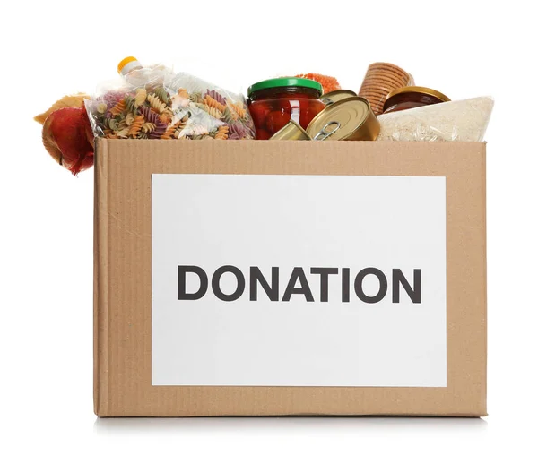 Caja Donación Llena Diferentes Productos Sobre Fondo Blanco — Foto de Stock