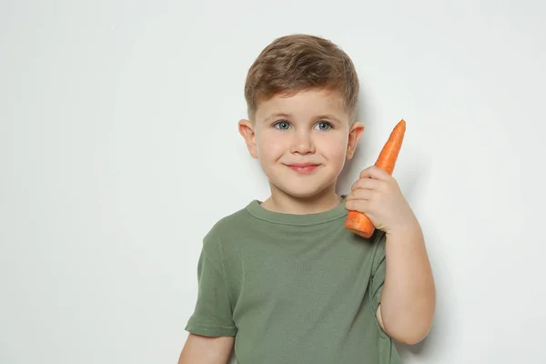 Adorable Little Boy Carrot White Background Space Text — Stock Photo, Image