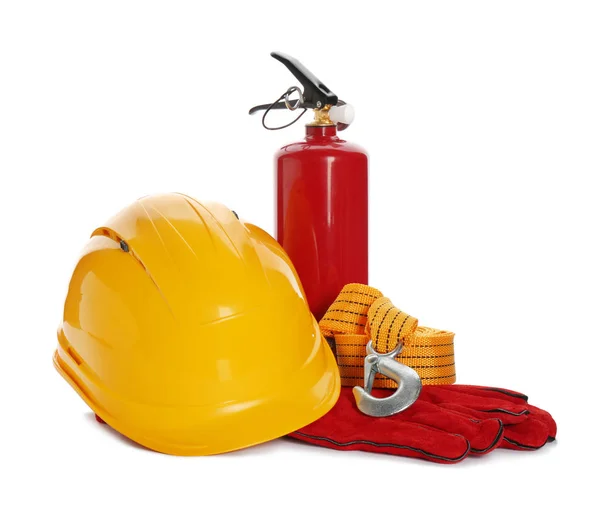 Vestuário Trabalho Protecção Extintor Incêndio Sobre Fundo Branco Equipamento Segurança — Fotografia de Stock