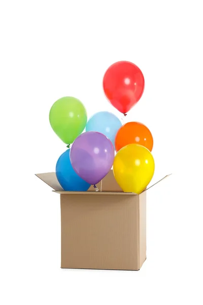 Gift Box Bright Air Balloons White Background — Stock Photo, Image