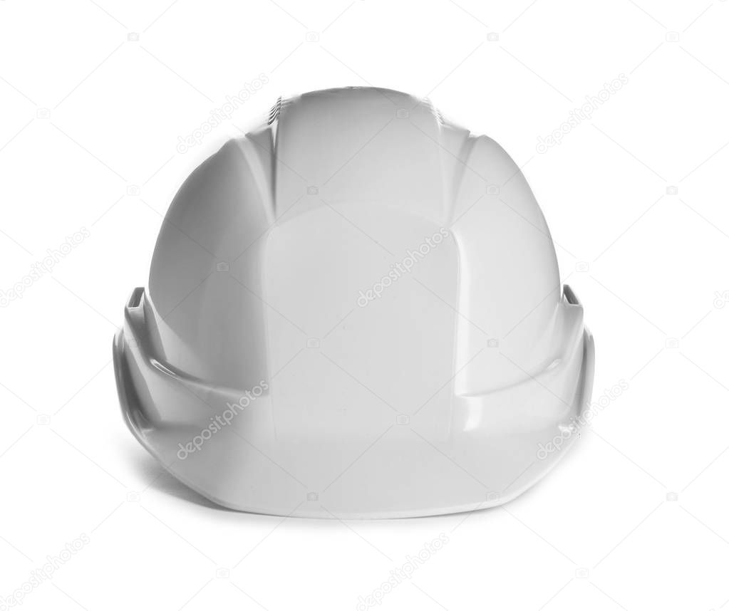 Protective hard hat on white background. Safety equipment