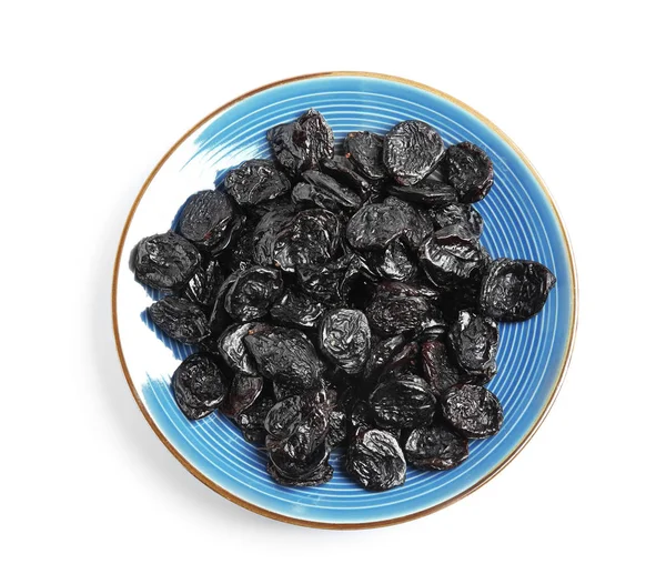 Plate Tasty Prunes White Background Top View Dried Fruit Healthy — 스톡 사진