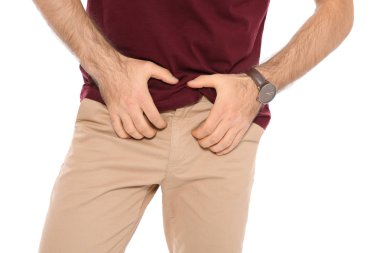Man scratching crotch on white background, closeup. Annoying itch clipart