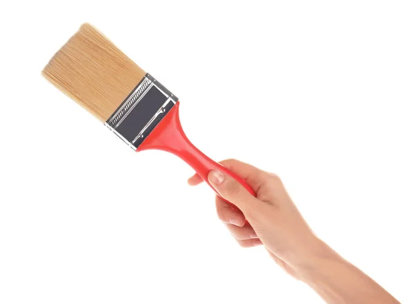 Woman Holding Paint Brush White Background Closeup — Stock Photo, Image