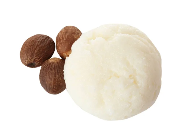 Čerstvé Máslo Shea Ořechy Izolovaných Bílém Horní Pohled — Stock fotografie
