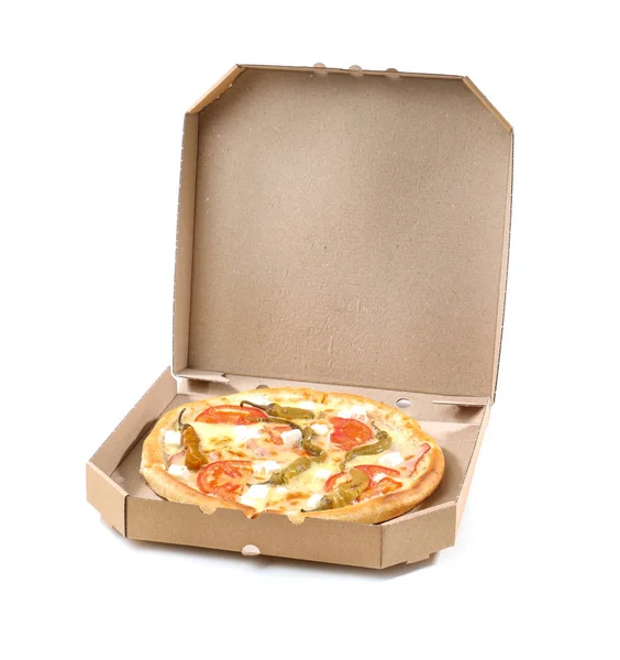 Open Cardboard Box Delicious Pizza White Background Food Delivery Stock Image