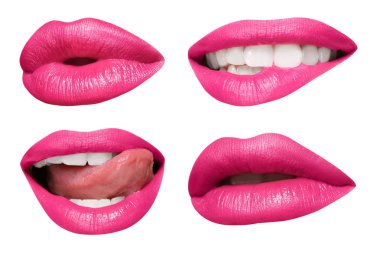 Set of mouths with beautiful make-up isolated on white. Pink lipstick clipart