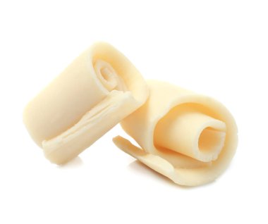 Beyaz arka planda dekorasyon için lezzetli çikolata bukleleri