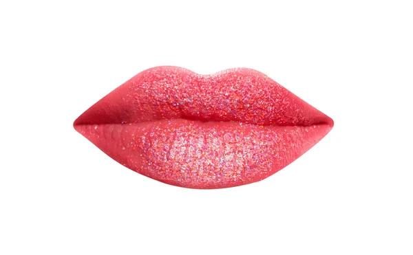 白で隔離光沢のあるピンクの口紅で美しい口 — ストック写真
