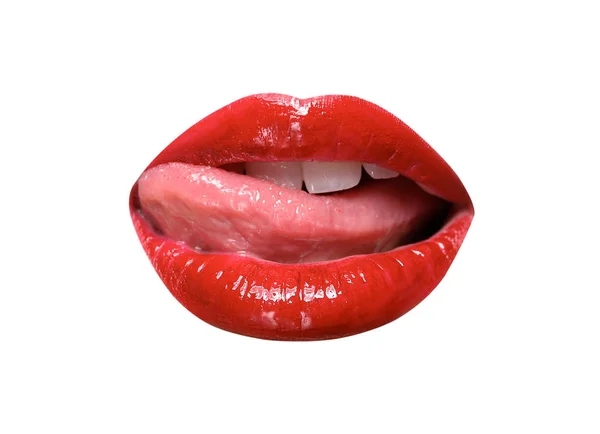 Mulut Indah Dengan Lipstik Merah Mengkilap Terisolasi Pada Putih — Stok Foto