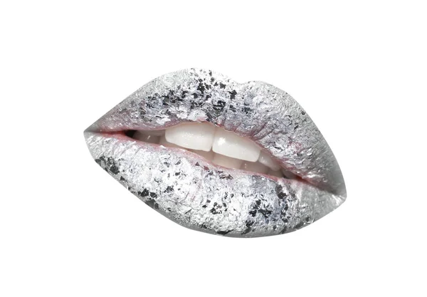 Beautiful Mouth Silver Lipstick Isolated White — Stock Photo, Image
