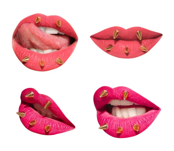 Set Mouths Beautiful Make Decorative Spikes Isolated White Pink Lipstick — Stock Photo, Image