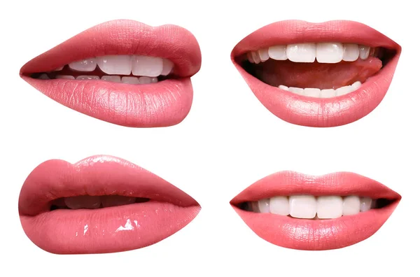 Aantal Monden Met Mooie Make Wit Wordt Geïsoleerd Roze Lippenstift — Stockfoto
