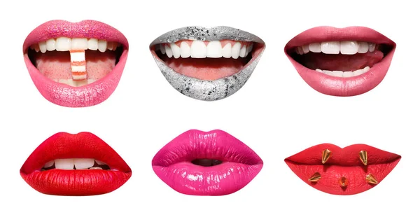 Set Mouths Beautiful Make Isolated White Bright Lipsticks — Stock Photo, Image