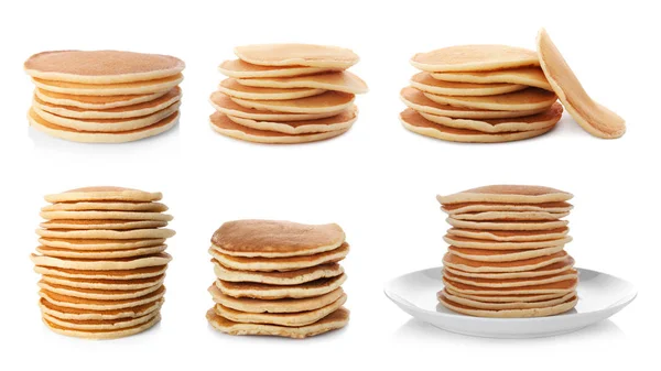 Uppsättning Heta Läckra Pannkakor Vit Bakgrund — Stockfoto