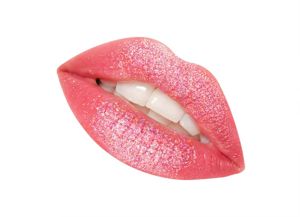 Hermosa Boca Con Lápiz Labial Rosa Brillante Aislado Blanco — Foto de Stock