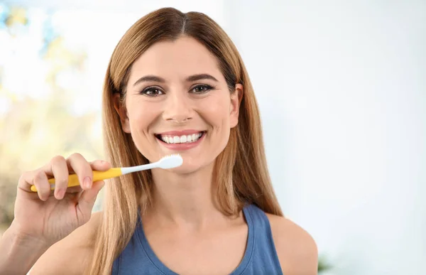 Portrait Woman Toothbrush Blurred Background Space Text Personal Hygiene — Stock Photo, Image