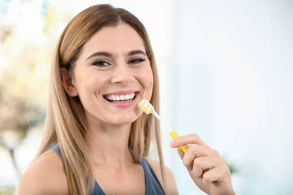 Portrait Woman Toothbrush Blurred Background Space Text Personal Hygiene — Stock Photo, Image