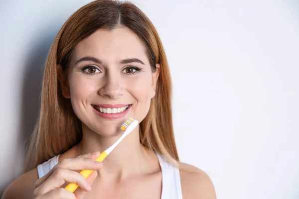 Portrait Woman Toothbrush White Background Space Text — Stock Photo, Image