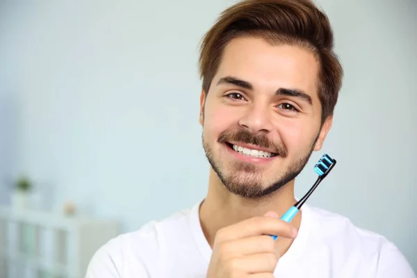 Portrait Young Man Toothbrush Blurred Background Space Text — Stock Photo, Image