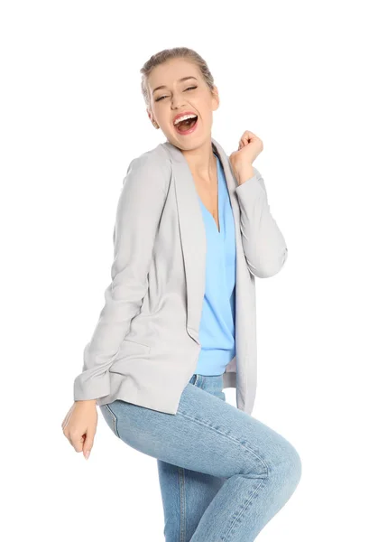 Mujer Joven Celebrando Victoria Sobre Fondo Blanco — Foto de Stock