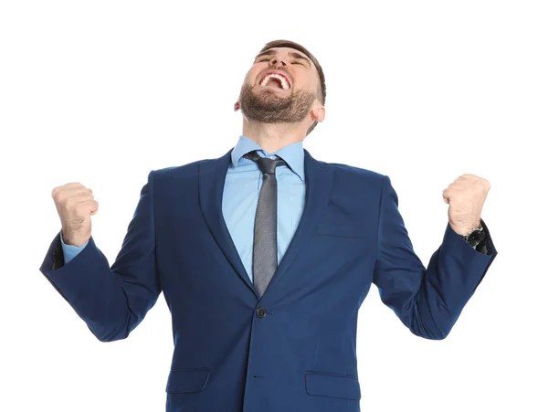 Young Businessman Celebrating Victory White Background — Stock Photo, Image