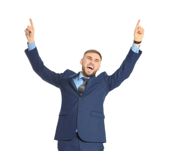 Young Businessman Celebrating Victory White Background — Stock Photo, Image