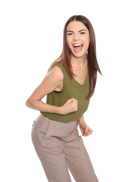 Young Woman Celebrating Victory White Background — Stock Photo, Image