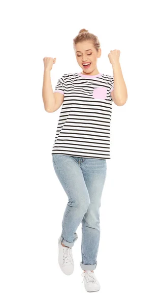 Mujer Joven Celebrando Victoria Sobre Fondo Blanco — Foto de Stock