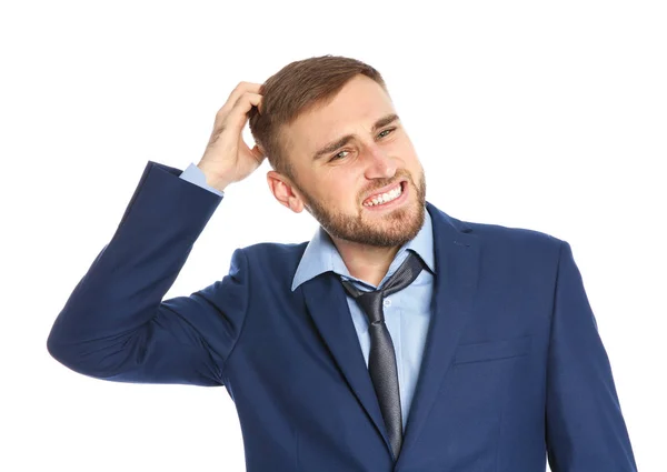 Joven Rascándose Cabeza Sobre Fondo Blanco Picor Molesto — Foto de Stock