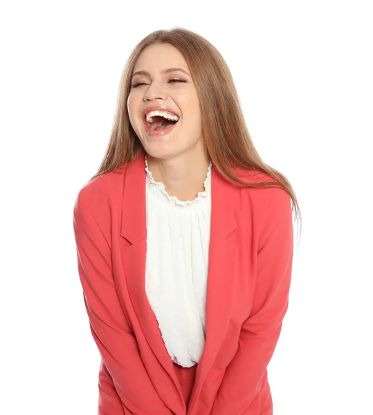 白い背景で笑いの若い女性の肖像画 — ストック写真