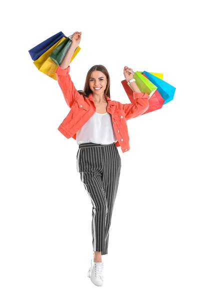 Junge Frau Mit Einkaufstaschen Auf Weißem Hintergrund — Stockfoto