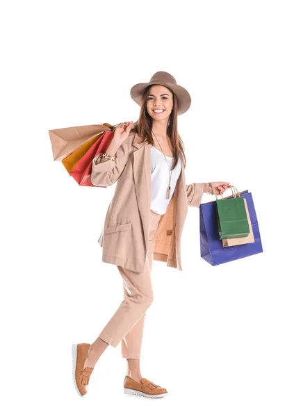 Jovem Com Sacos Compras Fundo Branco — Fotografia de Stock