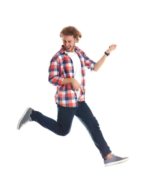 Young Man Playing Air Guitar White Background — Stock Photo, Image