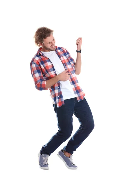 Jeune Homme Jouant Guitare Air Sur Fond Blanc — Photo