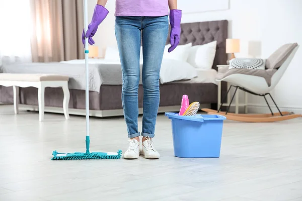 Young Woman Mop Detergents Bedroom Closeup Cleaning Service — Stock Photo, Image