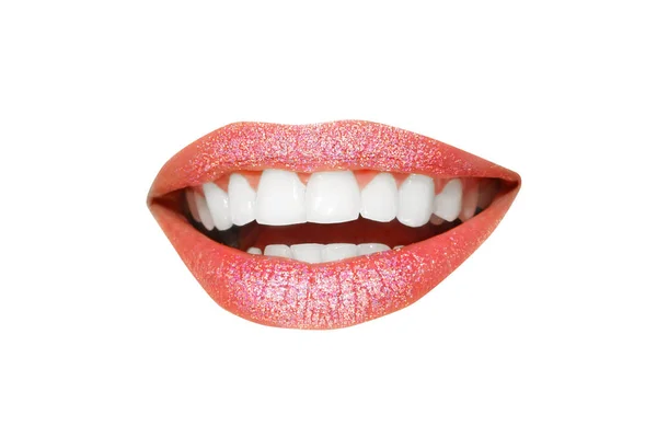 Beautiful Mouth Shiny Pink Lipstick Isolated White — Stock Photo, Image
