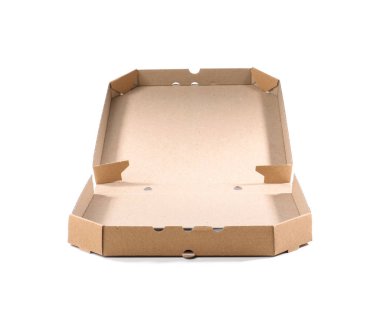 Beyaz arka plan üzerine açık karton pizza kutusu. Food teslim