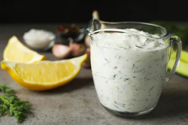 Glass Jug Tzatziki Cucumber Sauce Ingredients Table Space Text — Stock Photo, Image