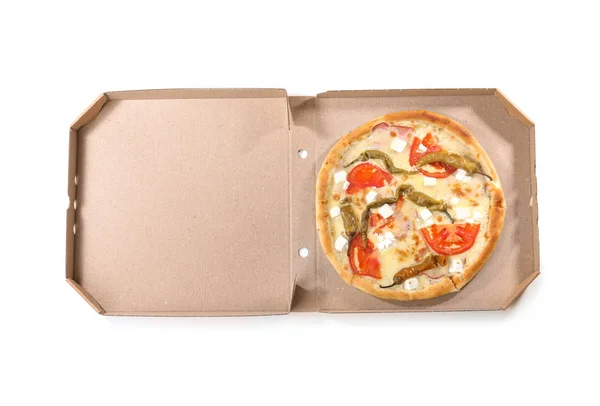 Открытая Картонная Коробка Вкусной Пиццей Белом Фоне Вид Сверху Доставка — стоковое фото