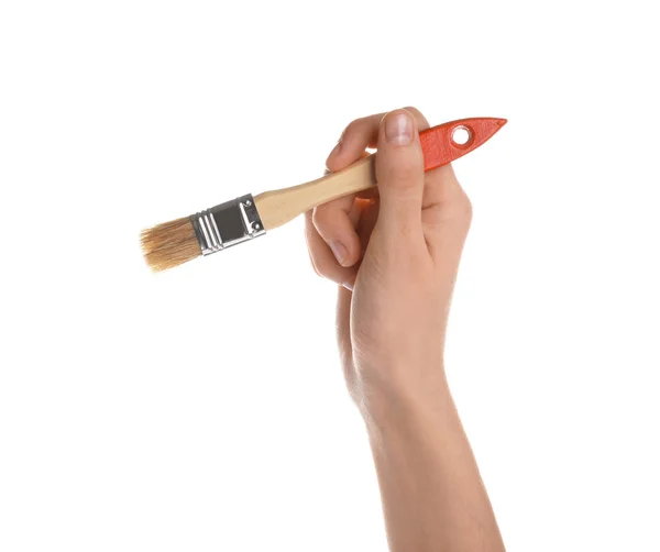 Woman Holding Paint Brush White Background Closeup — Stock Photo, Image