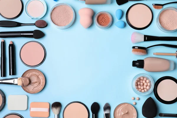 Flat Lay Composition Skin Foundation Powder Beauty Accessories Color Background — Stock Photo, Image