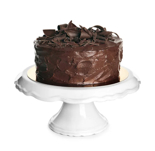 Stand Mit Leckerem Hausgemachten Schokoladenkuchen Auf Weißem Hintergrund — Stockfoto