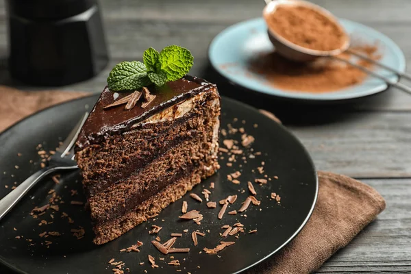 Plate Slice Chocolate Cake Fork Table — Stock Photo, Image